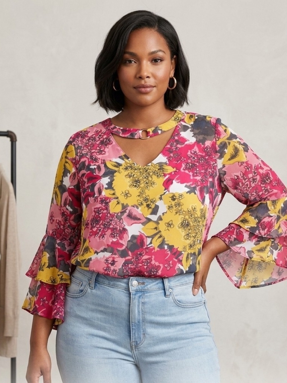 C'est 1946 XL Floral Keyhole Ring Neck Blouse Double Bell Sleeve Pink Yellow